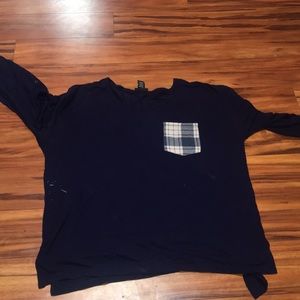 Blue shirt with plaid front pocket